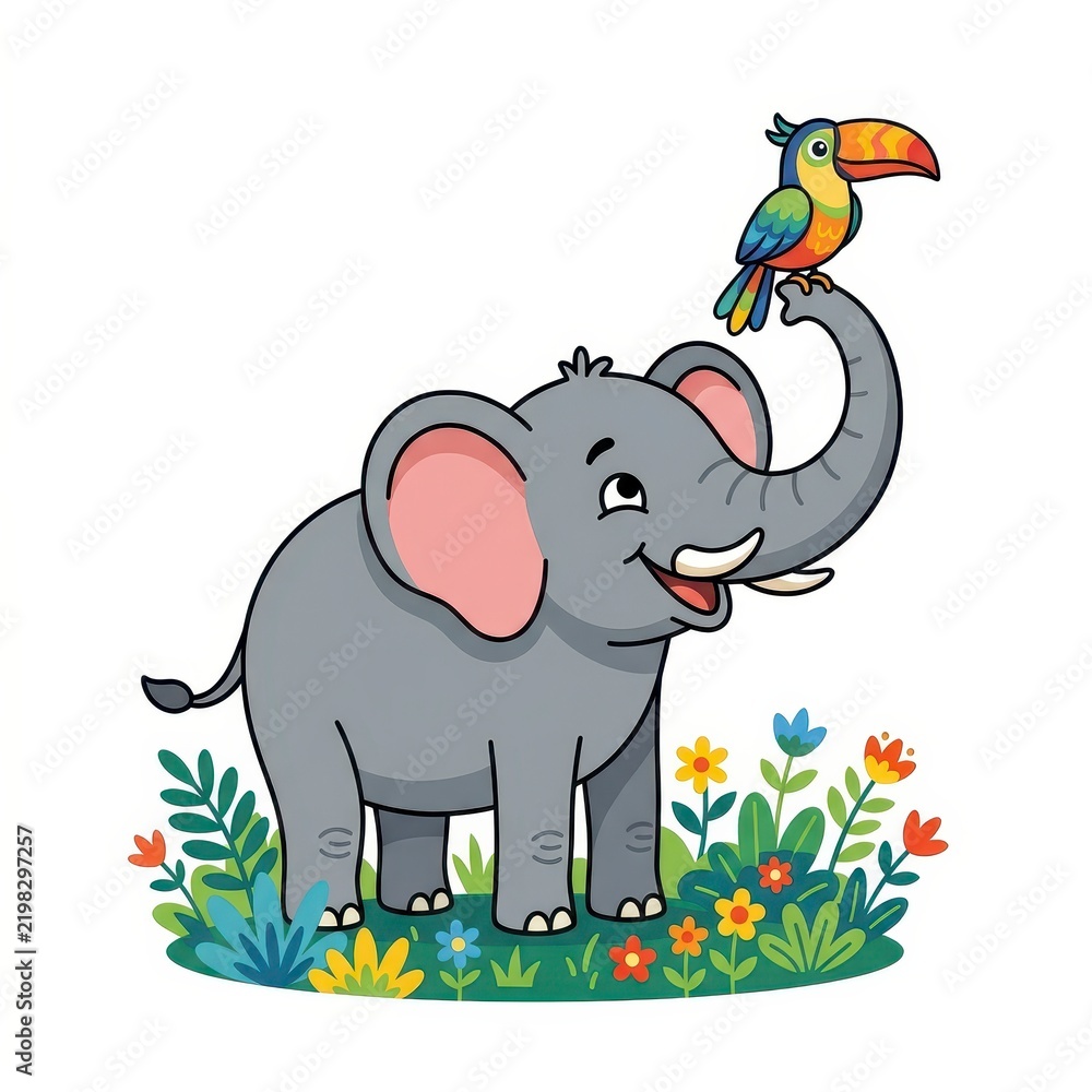 Fototapeta premium Cartoon elephant and toucan bird in a field of flowers
