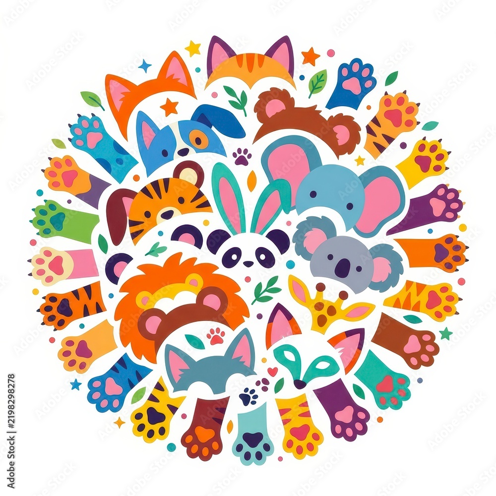 Obraz premium Cute animal faces and paws in a circle