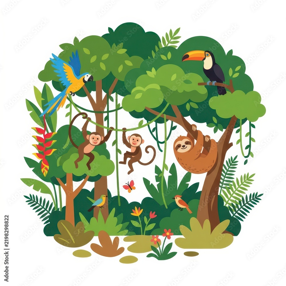 Fototapeta premium Jungle scene with monkeys sloth toucan and parrot