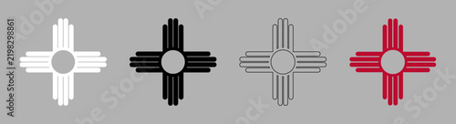 Zia outline symbol flat layouts. Set of New Mexico state logo white, black, red, black contour mockups. Ancient native Americans silhouette simple sign, icons, stickers.