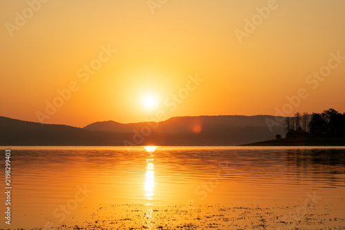 Golden Hour Sunrise Lake Mountain Backdrop Bright Sun Disk Glowing Sky Water Reflection Peaceful Morning Panorama Batak Reservoir Bulgaria Nature