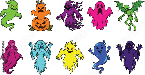 Obraz na płótnie Spooky Halloween Ghost and Monster Character Vector Icon Set Featuring Jack O La
