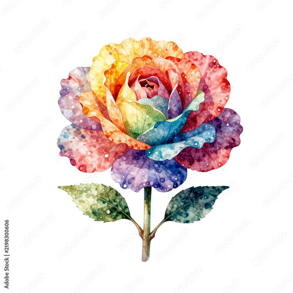 Obraz premium Watercolor rainbow rose with colorful petals and green leaves on a white background