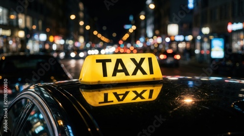 Illuminated taxi sign on car roof against night city lights
