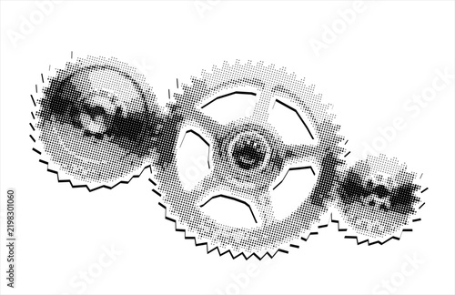 Vector collage element of three working gears, mechanics and teamwork concept, halftone newspaper style, editable vector, ready to use design 