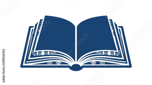 Minimalist blue icon of an open book with stylized pages.