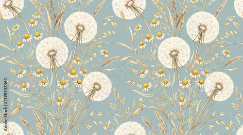 Repeating botanical pattern of dandelion and chamomile flowers on soft pastel background