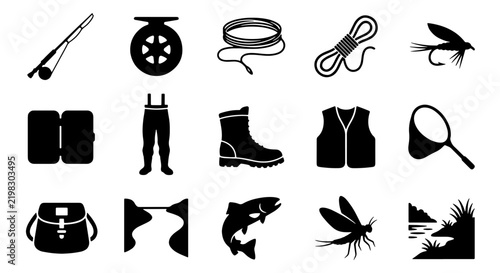 Fly Fishing Gear Icons Set: Rod, Reel, Waders, Vest, Net, Lures, Fish, Vector Graphics
