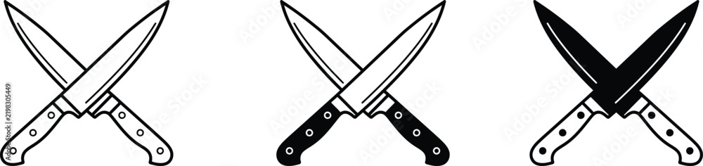 Obraz premium Crossed Kitchen Knives Icon Set, Chef Cutlery Vector Illustration