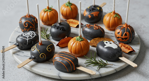 Halloween-themed dessert pops on a marble platter with pumpkins  