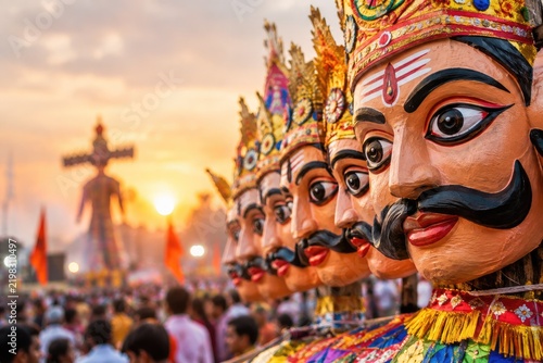 Ravana effigies displayed during Dussehra festival in India at sunset, symbolizing the victory of good over evil and the Hindu celebration of Vijayadashami.