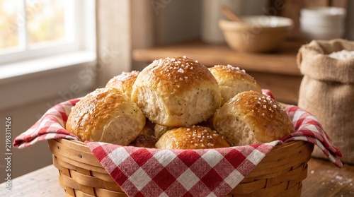 Dinner rolls photo of freshly baked bread buns in basket with red check napkin