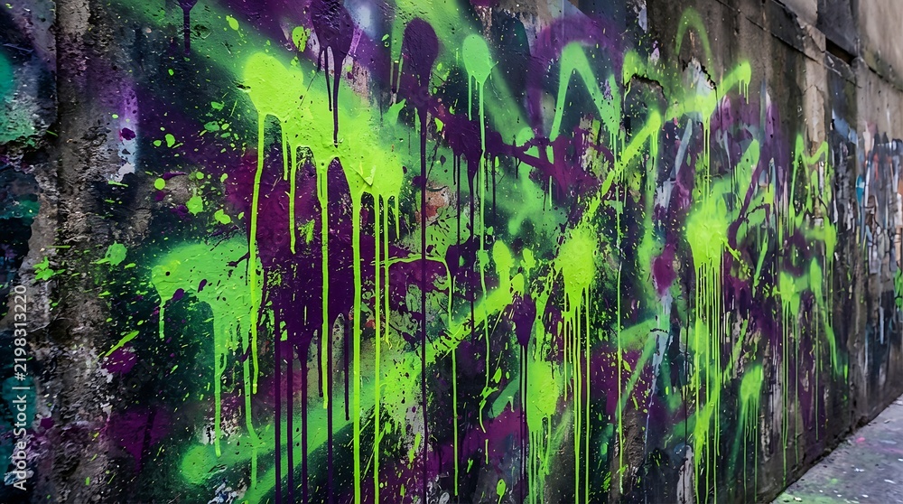 Obraz premium Vibrant neon green and purple graffiti spray paint on concrete wall