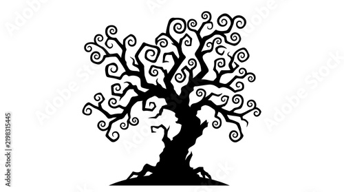 Abstract black tree with swirl branches against white background with decorative black silhouette intricate swirling branch