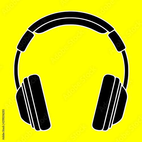 Black headphones logo, podcast, gaming, music headset isolated neon yellow background
