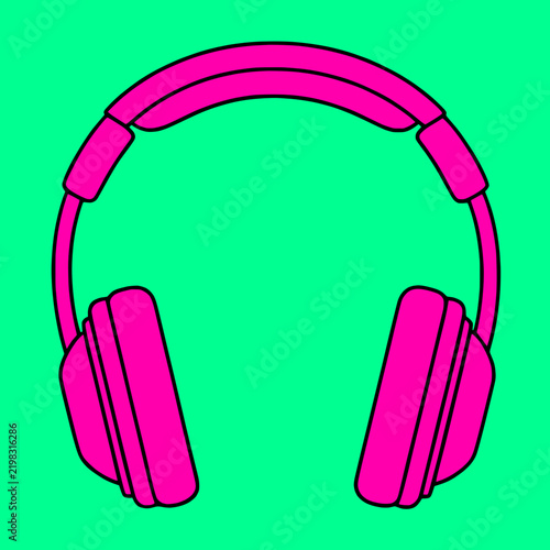 Neon Pink headphones logo, podcast, gaming, music headset isolated green emerald background