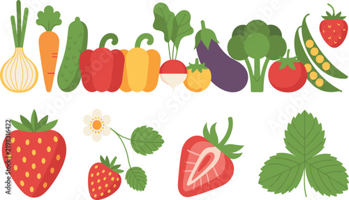 Fresh Vegetable and Strawberry Illustration Set with Carrot, Cucumber, Pepper, Eggplant, Radish, Tomato, Peas, Leaves, and Botanical Elements