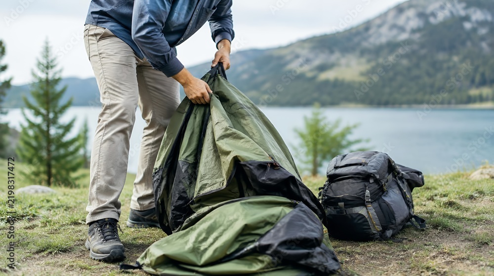 Fototapeta premium Hiker setting up a green tent by a scenic alpine lake during a mountain camping trip.