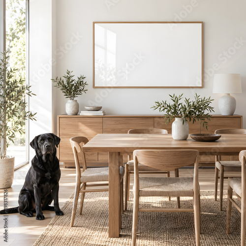 Pet Portrait Frame Mockup, Scandinavian Interior, Natural Wood Frame