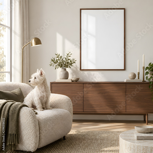 Pet Portrait Frame Mockup, Scandinavian Interior, Natural Wood Frame
