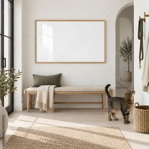 Pet Portrait Frame Mockup, Scandinavian Interior, Natural Wood Frame