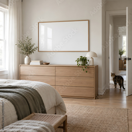 Pet Portrait Frame Mockup, Scandinavian Interior, Natural Wood Frame