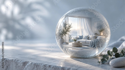 Glass Sphere with Modern Living Room Home Sanctuary Concept