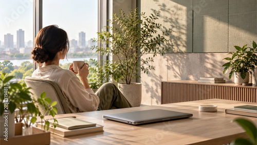 Woman Enjoying Coffee Break in Sunlit Home Office