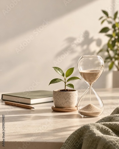 Hourglass and Young Plant Symbolizing Time and Growth