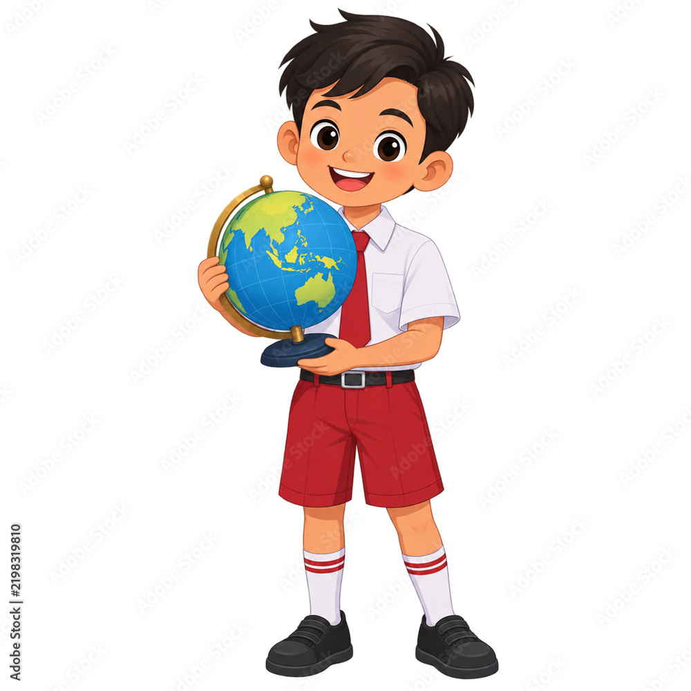 Fototapeta premium Cute flat illustration of schoolboy holding a globe
