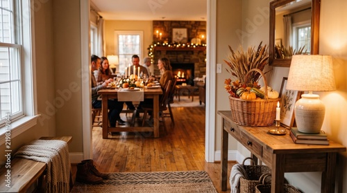 Thanksgiving dinner photo in cozy family home dining room with autumn table setting and warm lighting