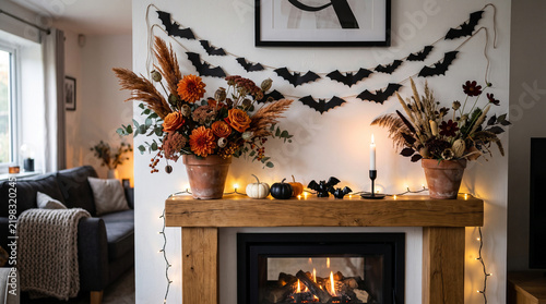 Contemporary Halloween mantelpiece decorated with paper bat garlands, asymmetrical floral displays in terracotta pots