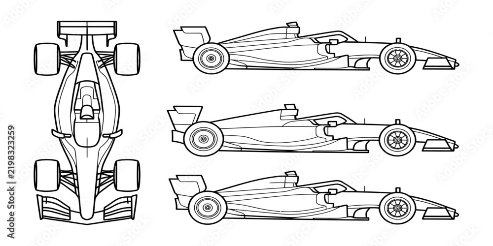 Obraz premium Technical drawing of a formula one race car showing side and top views for engineering design