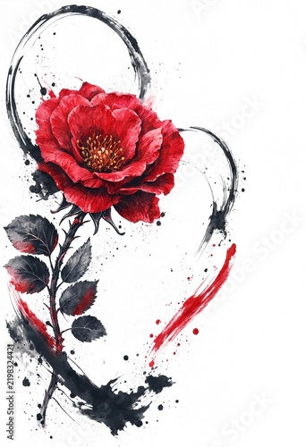 Red Rose with Black and White Abstract Background
