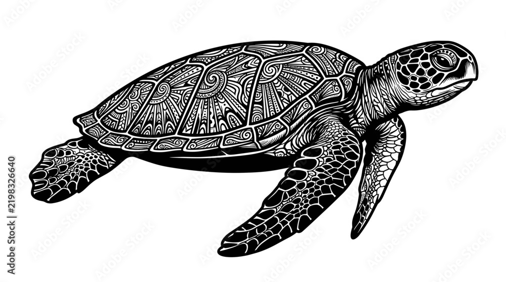 Obraz premium Intricate black and white illustration of a sea turtle with detailed patterns