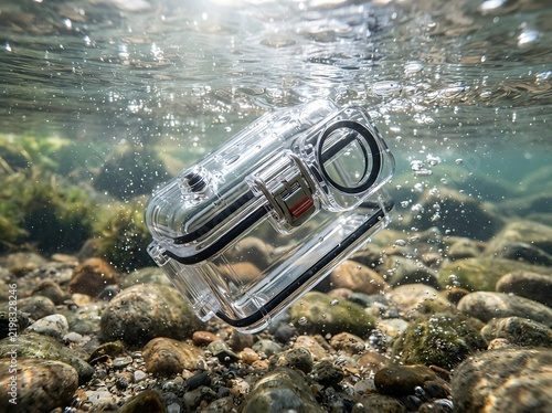 Waterproof camera housing floating underwater in a clear shallow river with rocks on the riverbed. waterproof case solutions