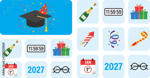 Flat design vector icons for celebration and new year, including graduation cap, champagne, gifts, clock, calendar, and party blower