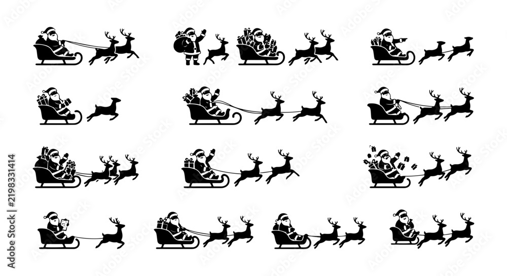 Fototapeta premium Santa Claus Sleigh Rides, Festive Christmas Icons, Black and White Vector Graphics