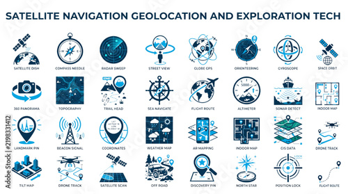 Foto satellite navigation and geolocation tech icon set