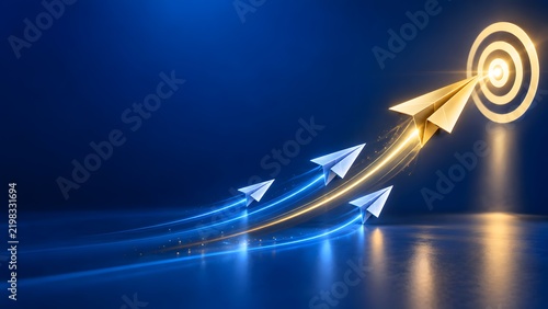 Golden paper airplane leads a group of blue paper airplanes towards a glowing target symbolizing success and goal achievement.