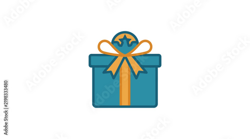 Minimalist blue gift box icon with orange ribbon.