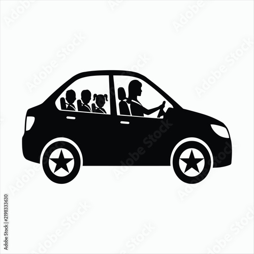 Black Silhouette of Family in Car with Star Wheels