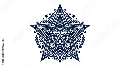 Intricate ornate five pointed star with decorative floral and leaf patterns.