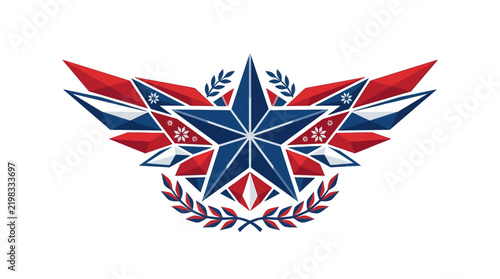 Stylized Star Emblem with Geometric Wings and Laurel Wreath.