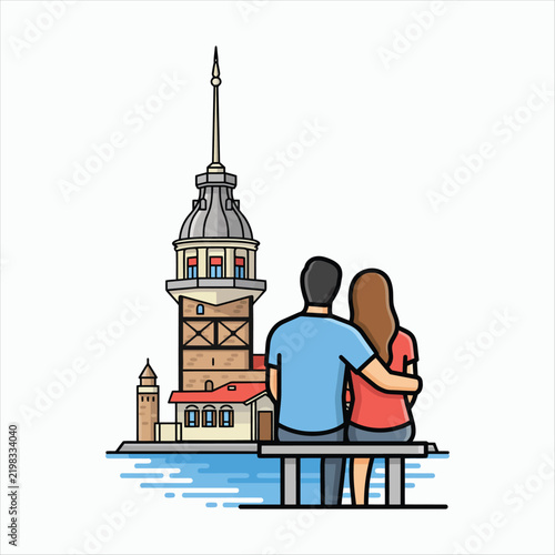 Couple sitting on a bench admiring Maiden's Tower woman