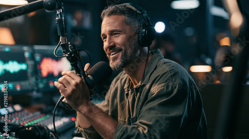 Male radio host recording a podcast in a professional studio with microphone and headphones