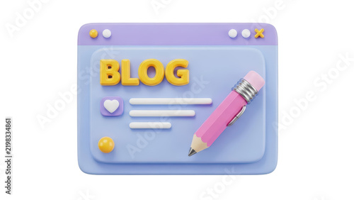 3d render of a blog window icon with a pink pencil for content writing and editing