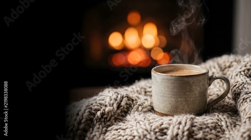 A cozy scene featuring a warm mug of coffee with a crackling fireplace in the background