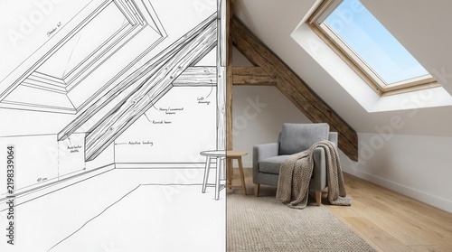 Attic room transformation featuring a side-by-side architectural sketch and finished modern interior.