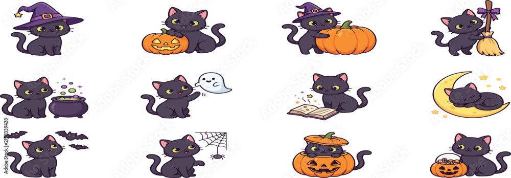 Obraz premium Halloween Black Cat Characters with Pumpkins Witch Hats and Costumes